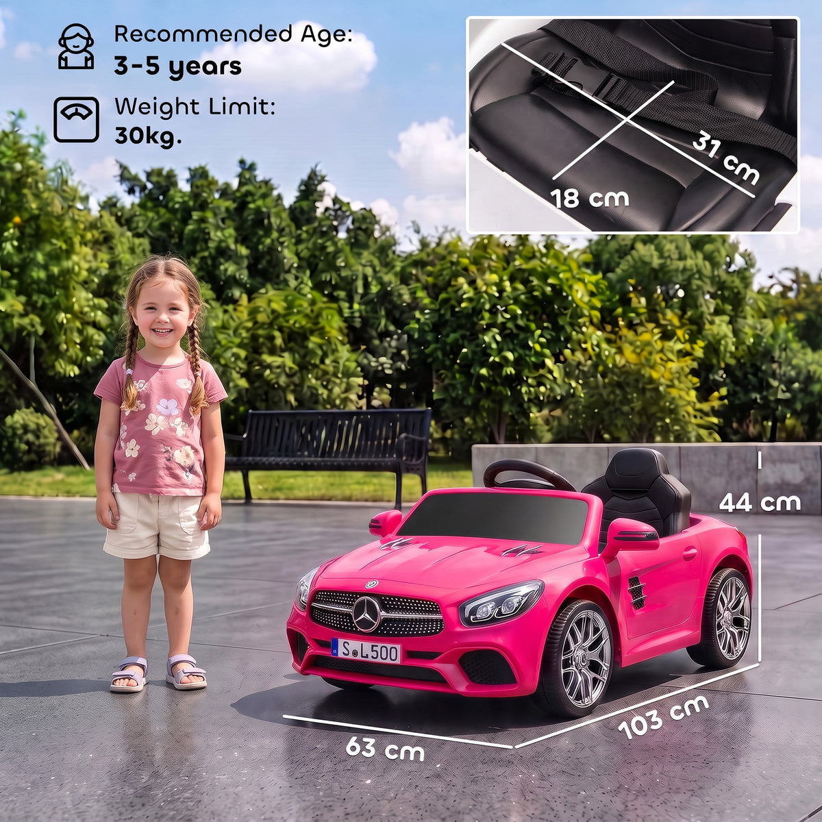 Voiture Électrique Enfants 12V Mercedes-Benz SL500, 3-5 km/h, 2 Moteurs, Télécommande 2,4G, pour 3-5 Ans, Rose