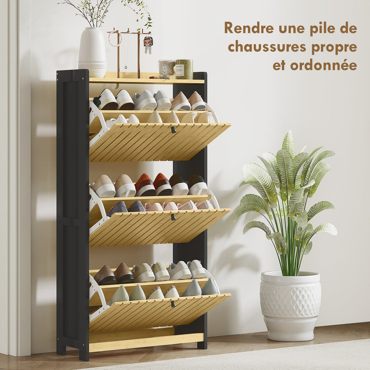 Meuble à chaussures 18 paires avec 3 tiroirs rabattables, portes en bambou à lattes, 60x24x118cm, noir et bois naturel-3
