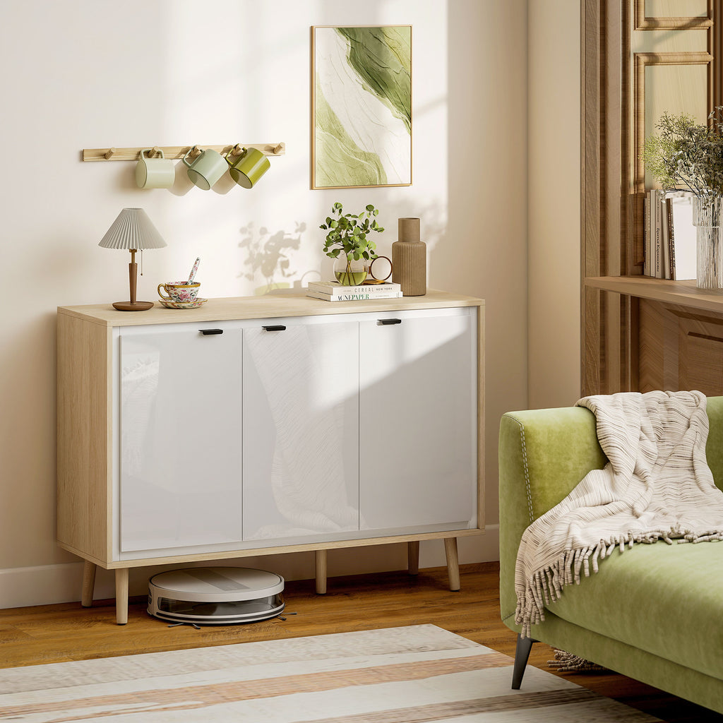 Buffet à haute brillance, meuble de rangement avec 3 portes, étagères réglables, 107 x 35 x 77 cm, blanc et chêne-1