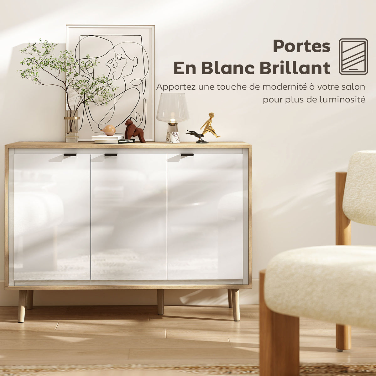 Buffet à haute brillance, meuble de rangement avec 3 portes, étagères réglables, 107 x 35 x 77 cm, blanc et chêne-3