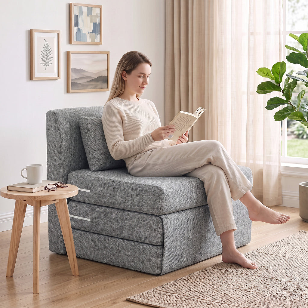 Fauteuil chauffeuse pliant 3 en 1 avec coussin, convertible, matelas dépliant pour invités, salon, bureau, gris-1