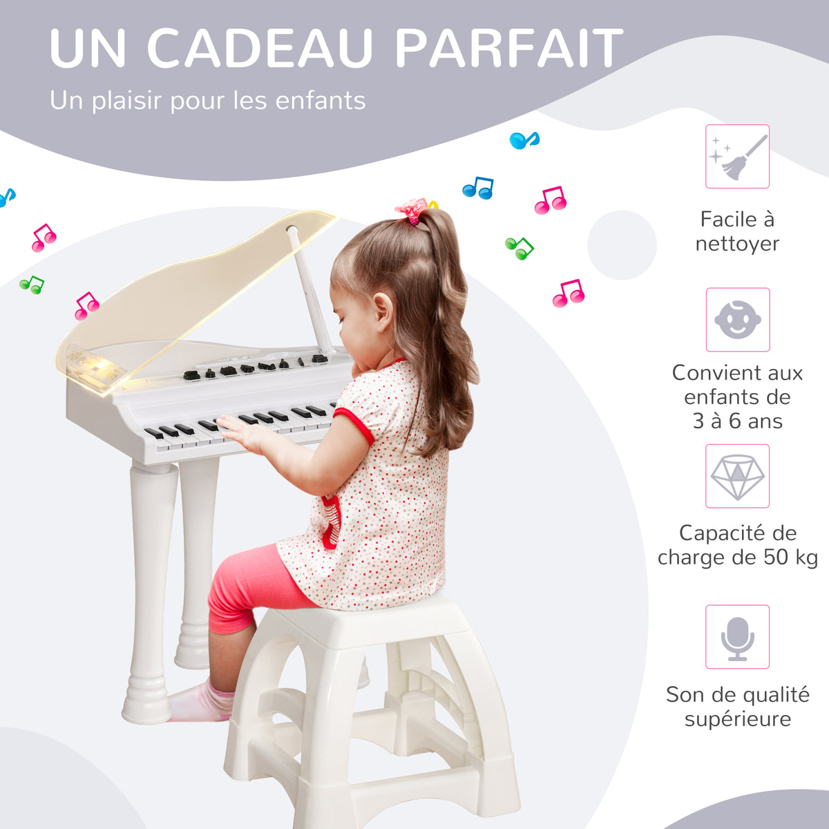 Piano enfant électronique 32 touches multifonctions avec micro haut parleur tabouret couvercle lumineux LED blanc