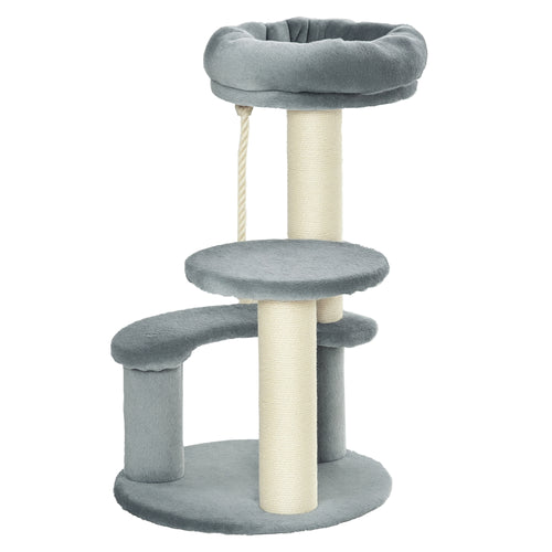 Arbre à chats 2 griffoirs grattoirs sisal naturel 3 plateformes corde à grimper dim. Ø 40 x 65H cm peluche haute densité 500 g/m² gris-0