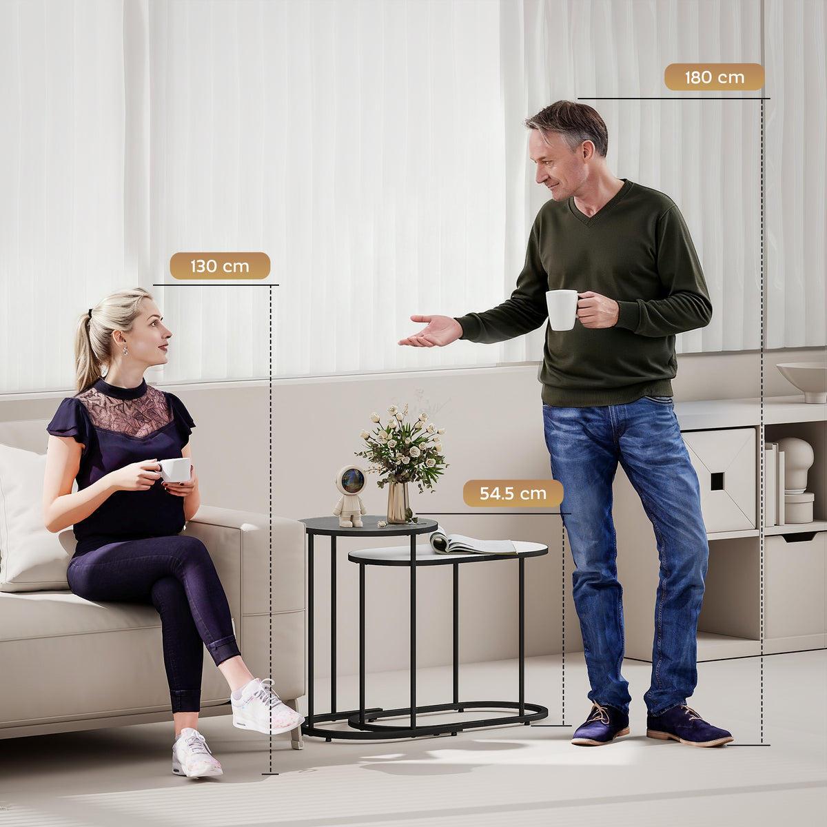 Lot de 2 tables basses gigognes, tables d'appoint empilable style contemporain, cadre en métal gris et blanc-8