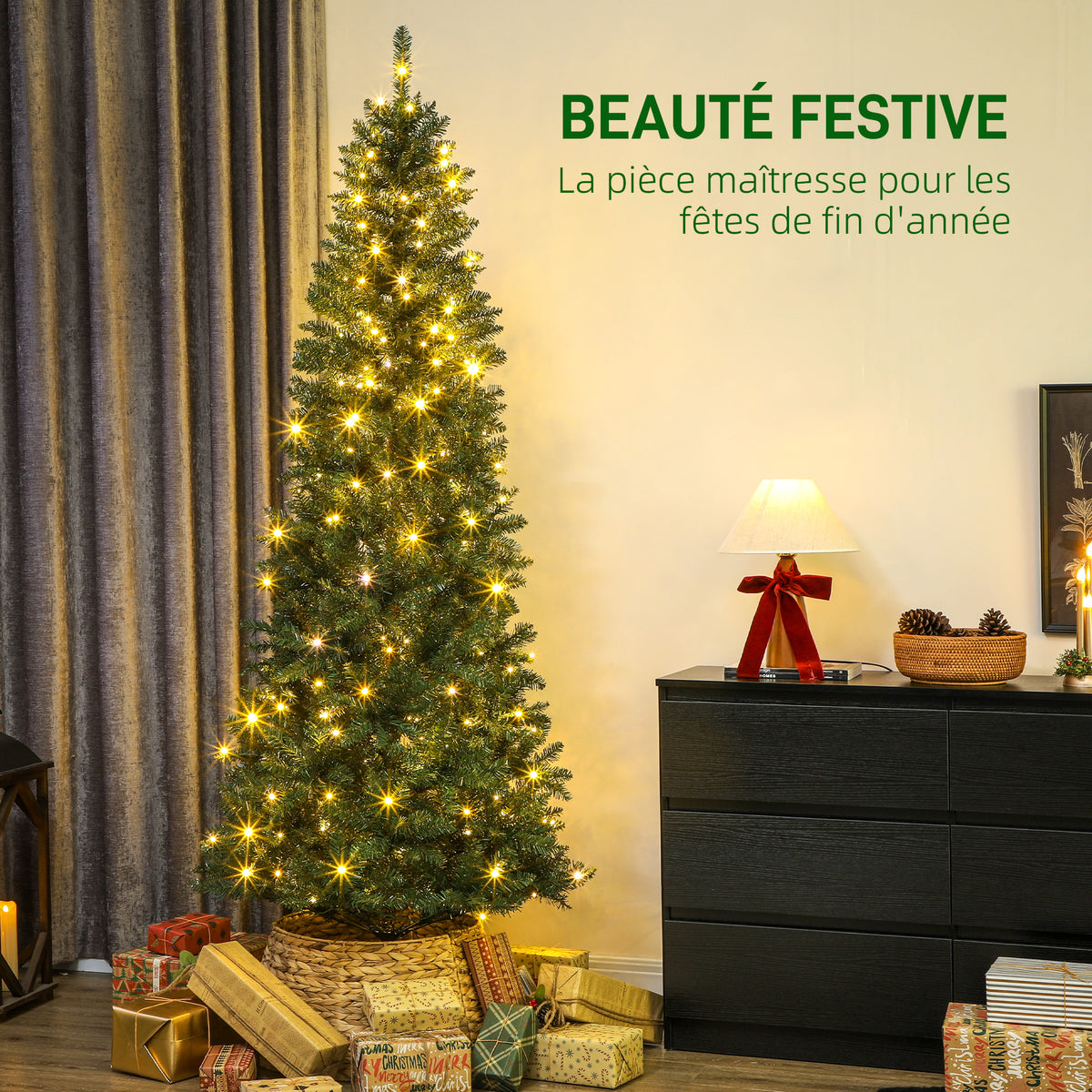 Sapin de Noël artificiel 210 cm, arbre de Noël fin avec 350 lumières, 1273 pointes, support en métal pliable, vert-3