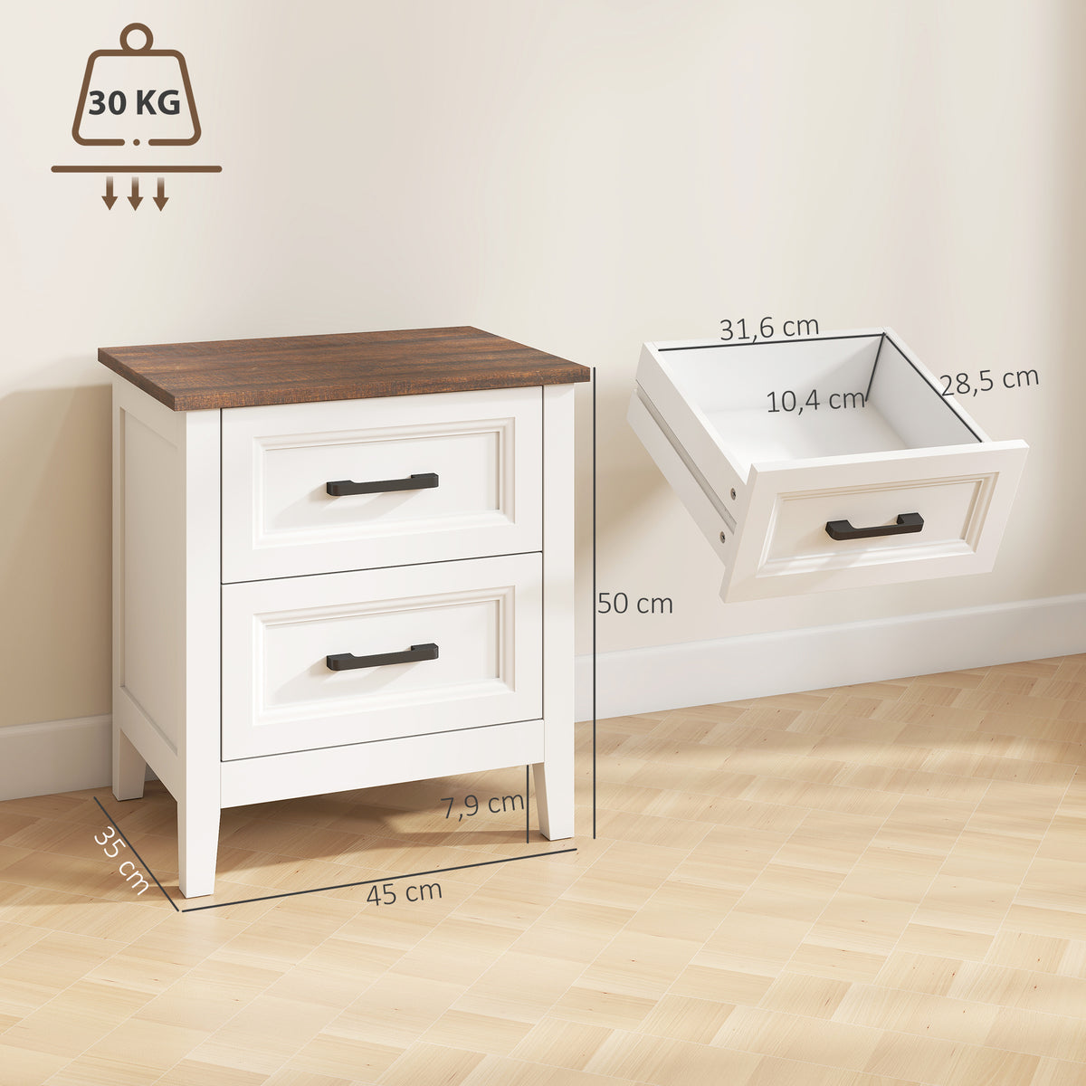 Table de chevet, table de nuit avec 2 tiroirs, plateau effet bois, style rustique, pour chambre à coucher, salon, blanc-2