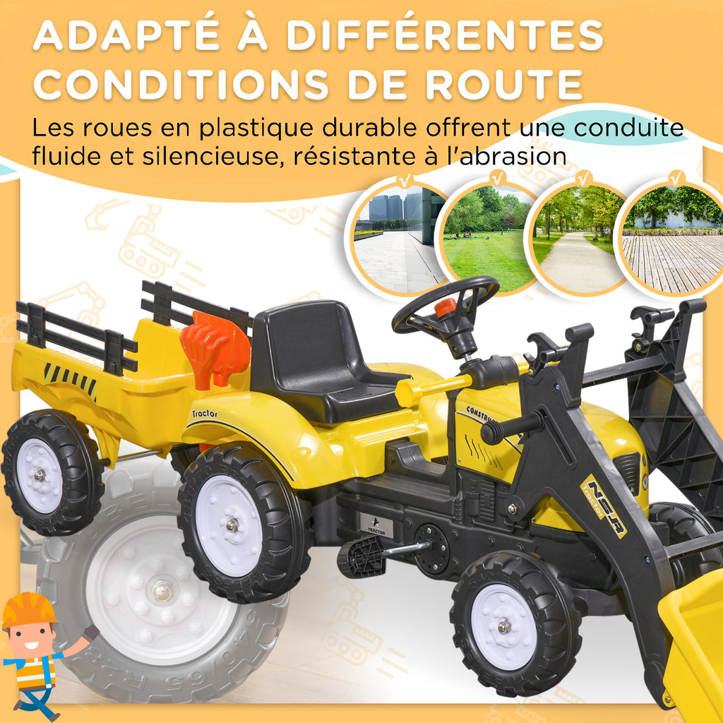 Tracteur à pédales tractopelle avec remorque Pelle et râteau Jeu de Plein air Enfants à partir de 3 Ans Jaune Noir