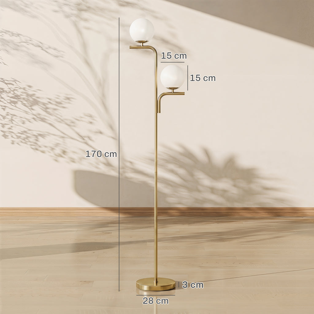 Lampadaire sur Pied Salon à Double Tête, Lampe sur Pied avec 3 Températures de Lumière, Abat-Jour en Verre, Doré-2
