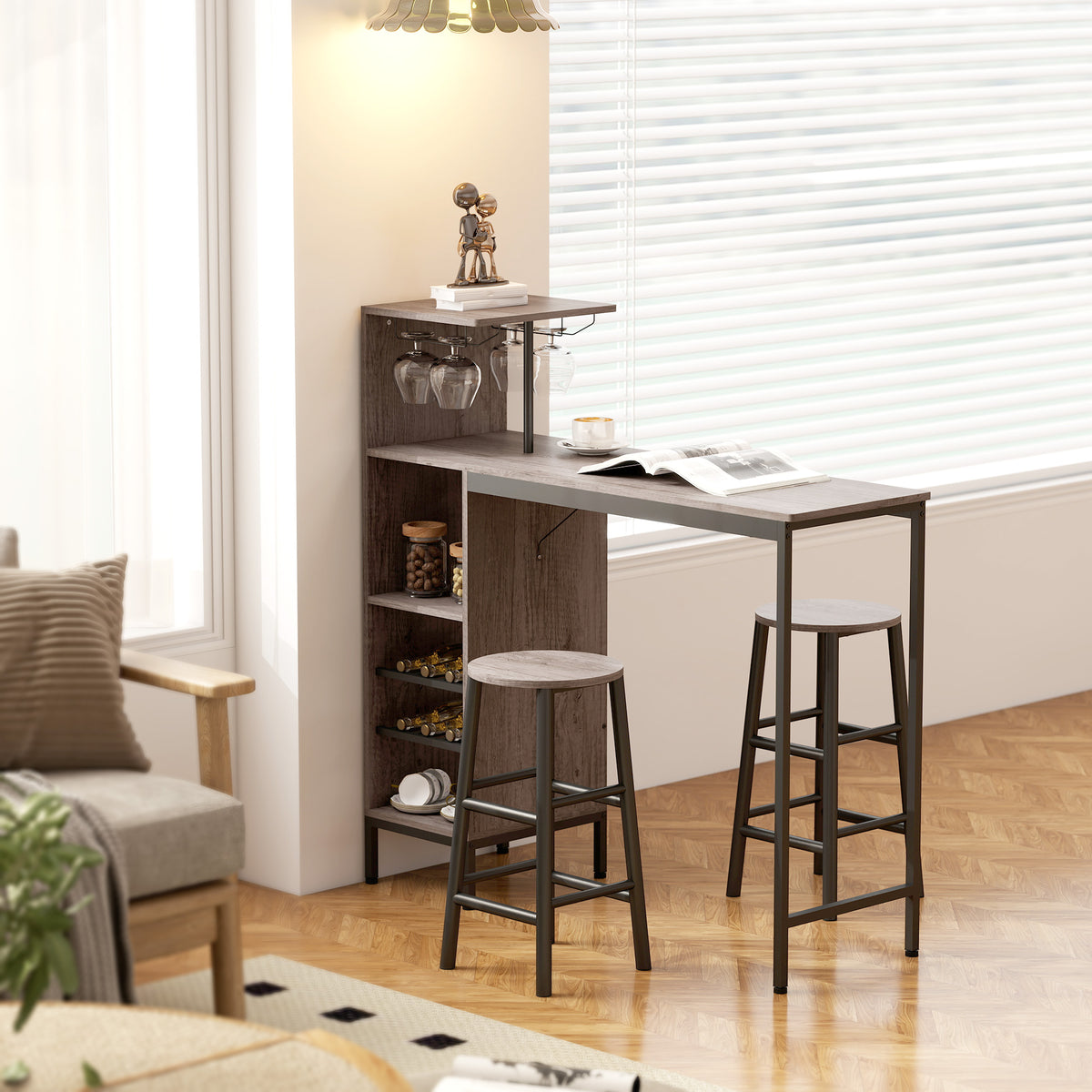 Ensemble table de bar avec tabourets, table à manger debout avec 2 chaises de bar étagères, casiers à vin, gris-7