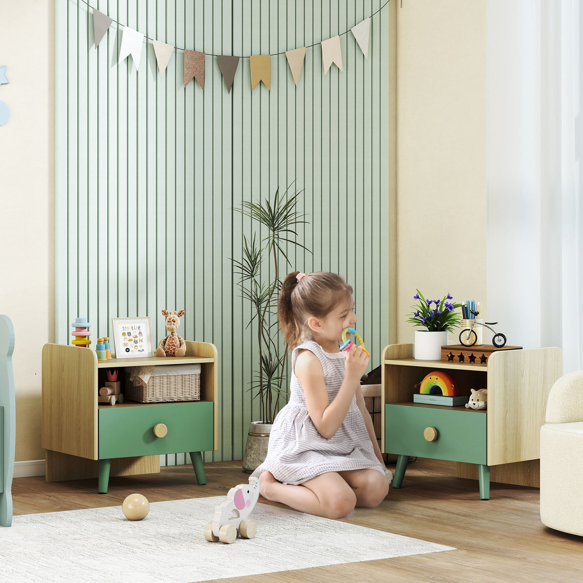 Lot de 2 tables de chevet enfant, tables de nuit enfant avec tiroir et niche, pour chambre d'enfant, 40x32,5x40cm, vert-1
