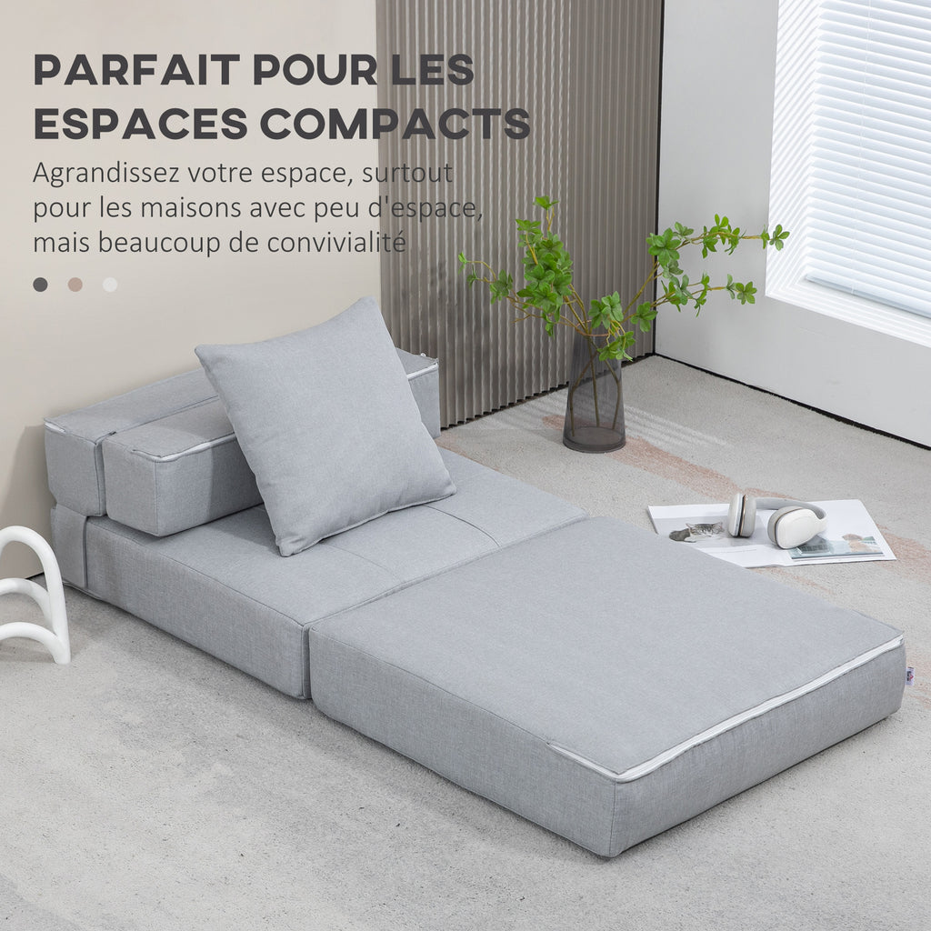 Chauffeuse canapé-lit convertible fauteuil 1 place avec 1 coussin déhoussable, tissu gris clair