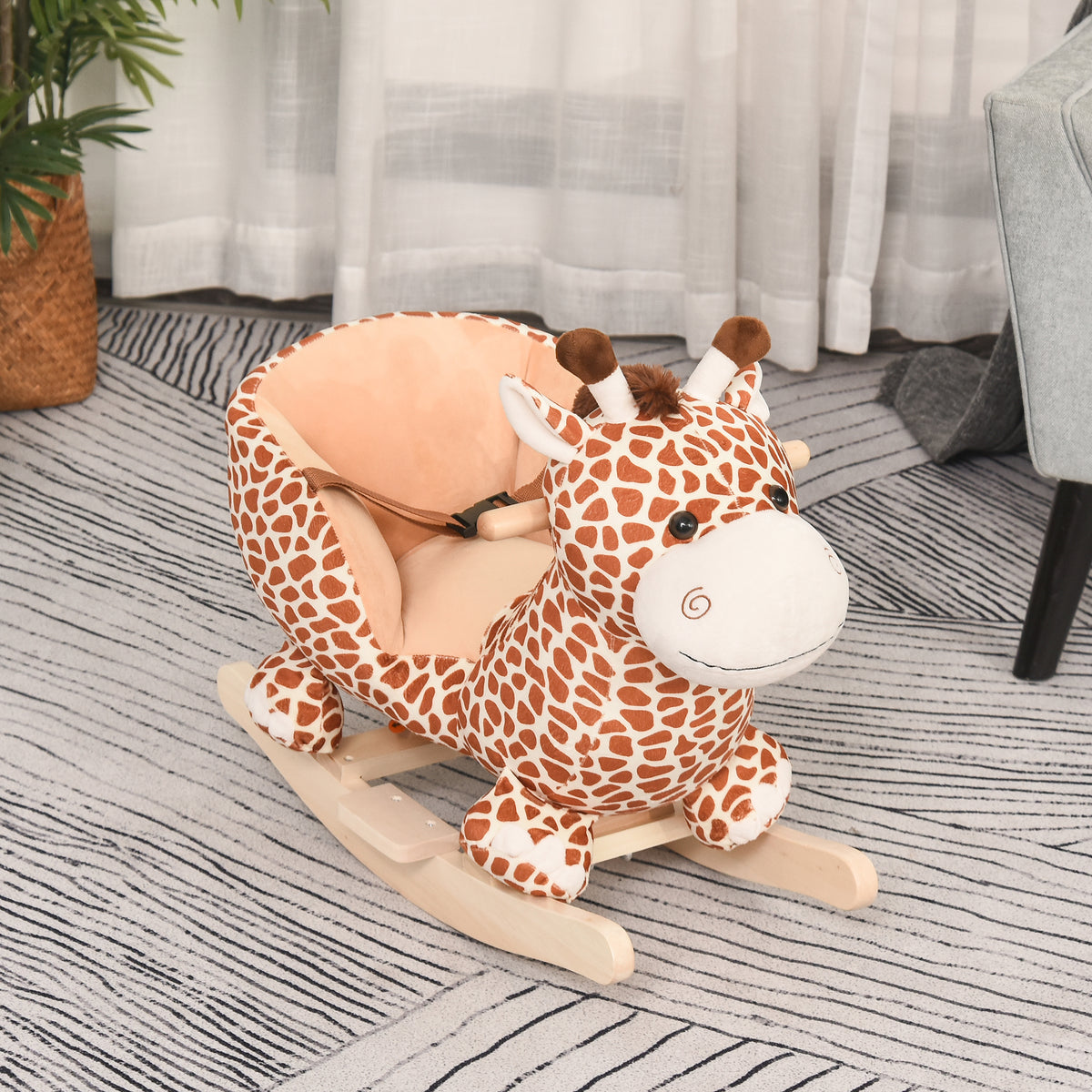 Jouet à Bascule modèle girafon Ceinture de sécurité Fonction Musicale 32 Pistes pour Enfant 18+Mois Marron Beige