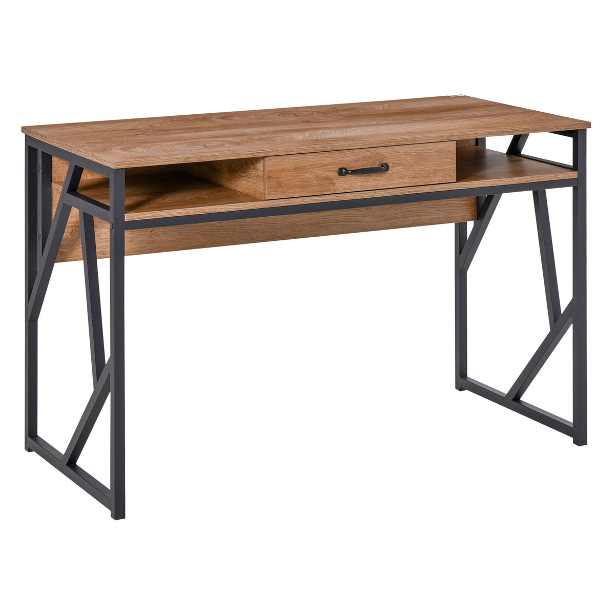 Bureau Style Industriel 120L x 60l x 76H cm tiroir + 2 niches piètement métal Noir Plateau, pour Étude, Aspect-0