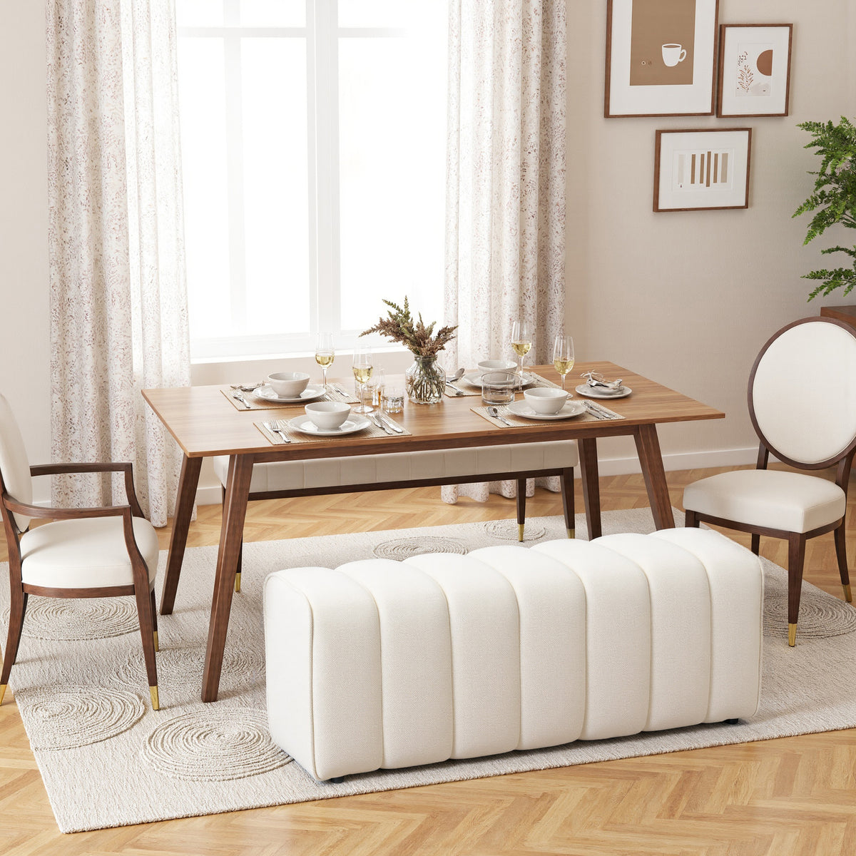 Banc bout de lit, banquette rembourrée, style moderne, ottoman en tissu aspect lin, 110 x 40 x 44 cm, crème-8