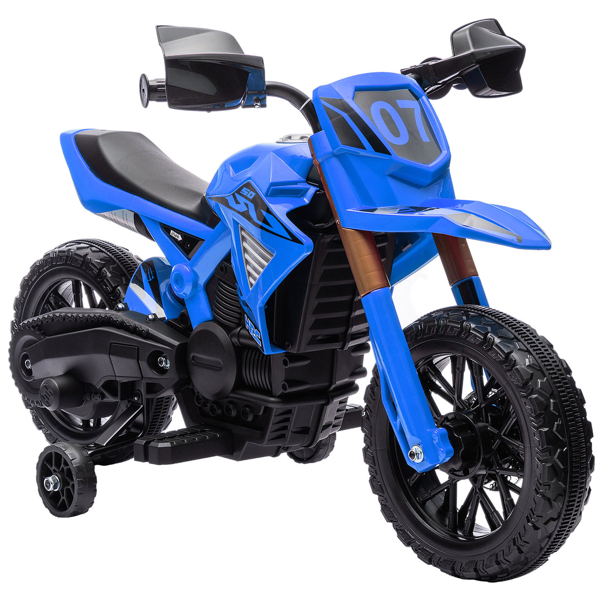 Moto cross électrique pour enfants 3-8 ans, batterie 6 V, 2 moteurs, klaxon et roues d'entraînement, charge 30KG, bleu