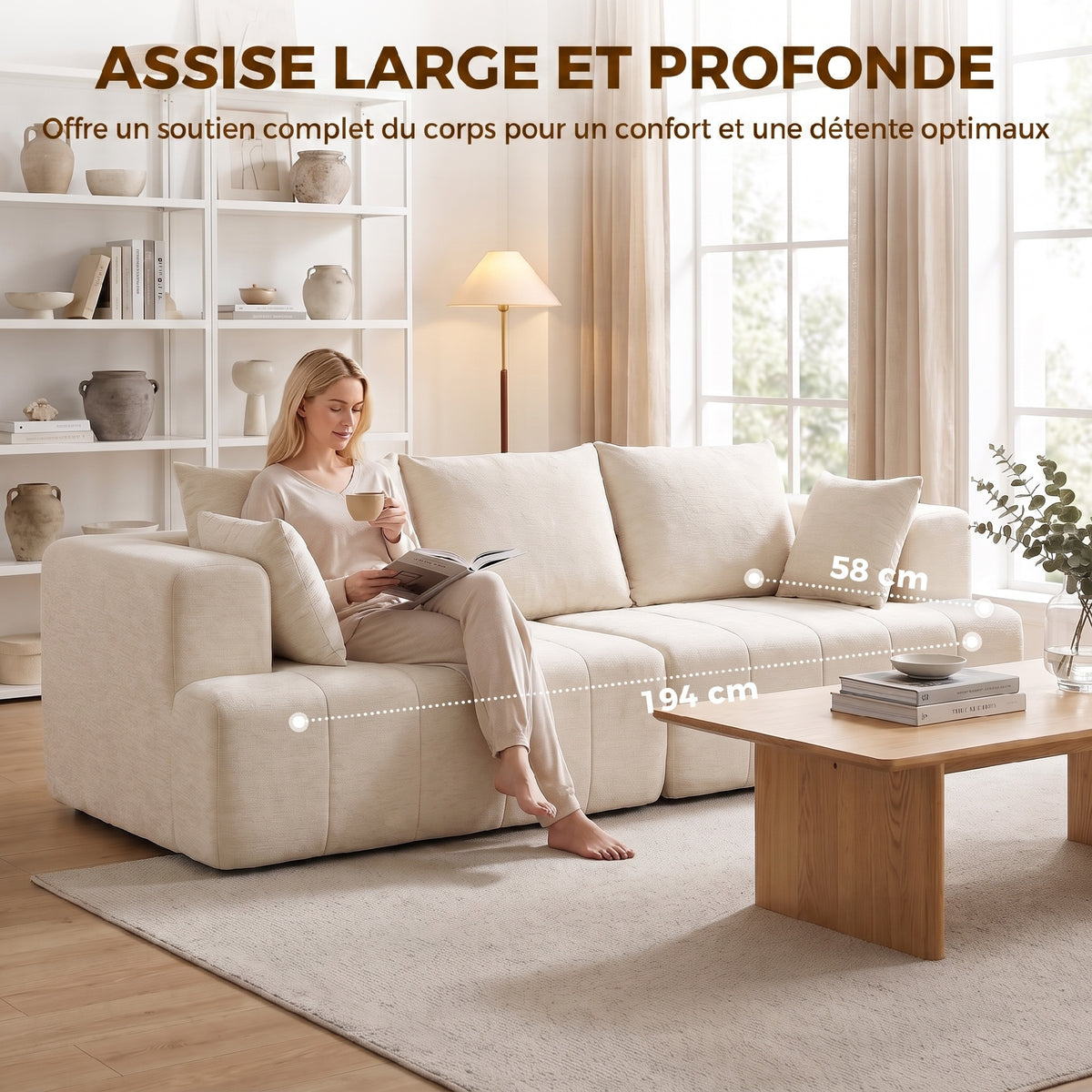 Prémium zsenília 3 személyes kanapé – 248 cm-es modern, keret nélküli luxus ülőgarnitúra, bézs