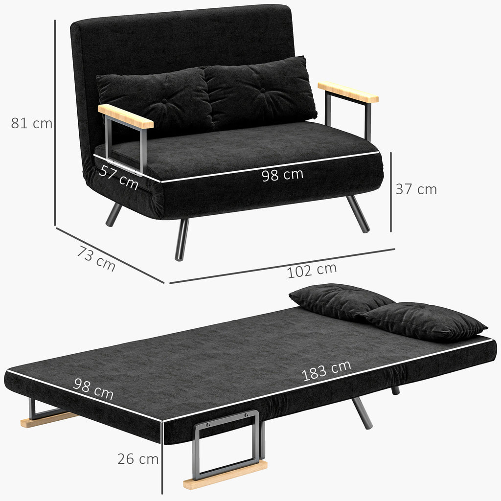 Canapé convertible 2 places 4 en 1, canapé-lit avec dossier réglable sur 5 niveaux, 2 coussins, 102 x 73 x 81 cm, noir-2