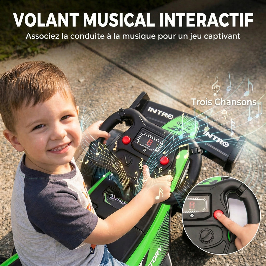 Porteur enfants voiture F1, véhicule à pousser avec volant musical, roues silencieuses et coffre, 18-36 mois, vert-6
