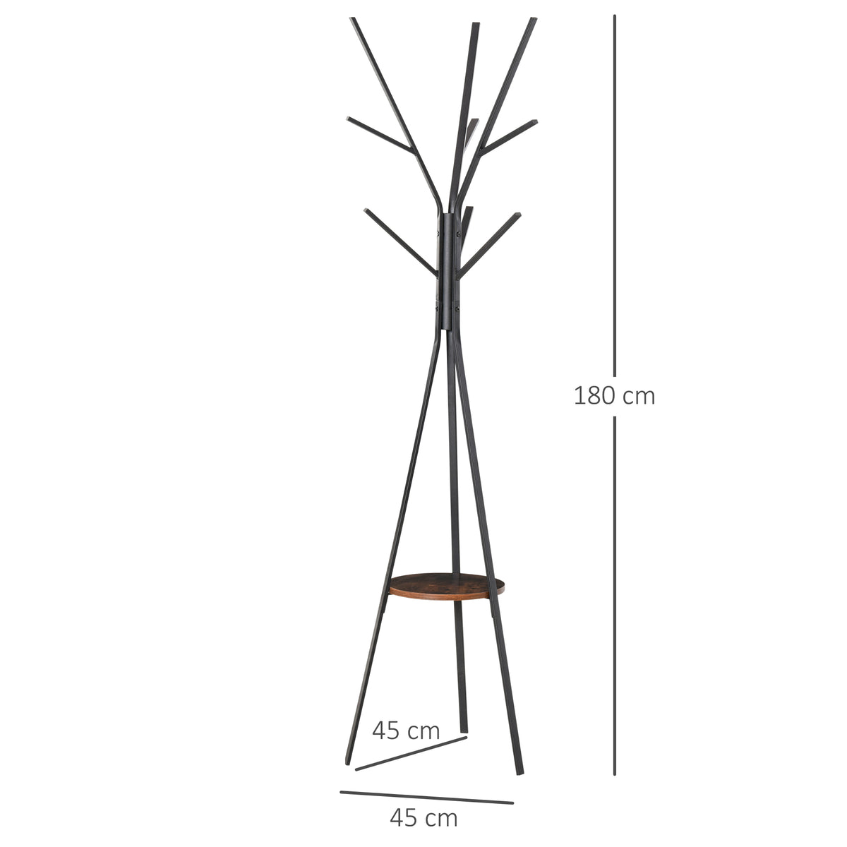 Porte-manteau trépied design contemporain branches étagère + 9 patères dim. 45L x 45l x 180H cm métal marron-2