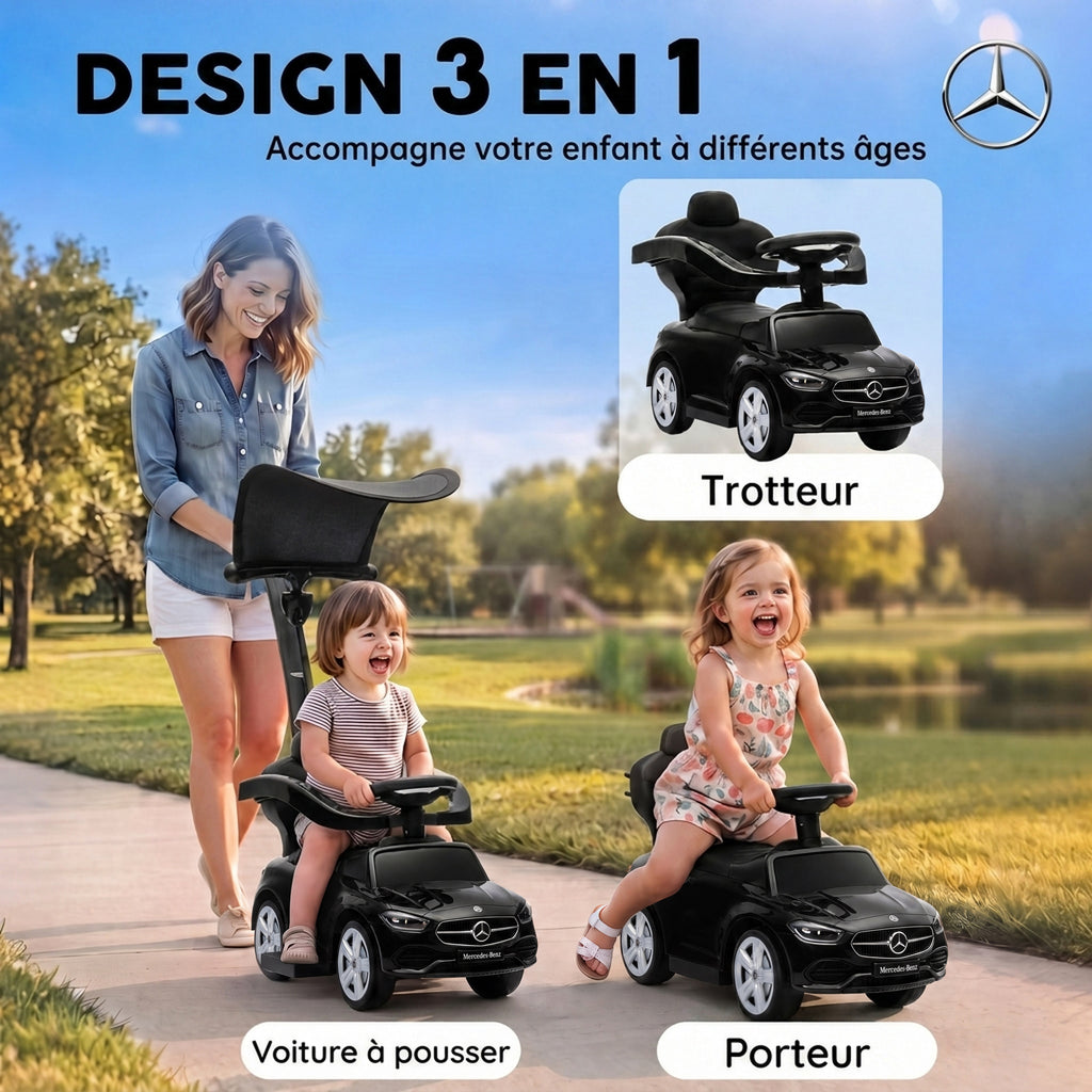 Porteur Enfants 3 en 1 Mercedes-Benz sous Licence, Garde-Corps, Espace de Rangement, Klaxon, 83x40x90cm, Noir