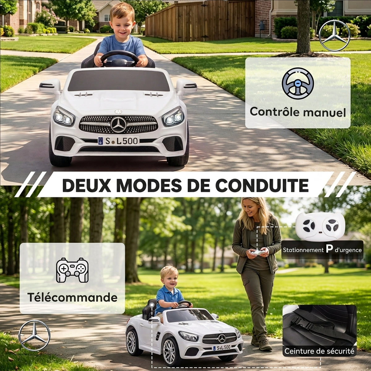 Voiture Électrique Enfants 12V Mercedes-Benz SL500, 3-5 km/h, 2 Moteurs, Télécommande 2,4G, pour 3-5 Ans, Blanc