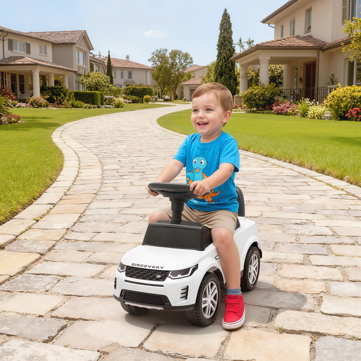 Porteur enfants voiture sous licence Land Rover, véhicule à pousser, klaxon, sons de moteur, rangement sous siège, blanc