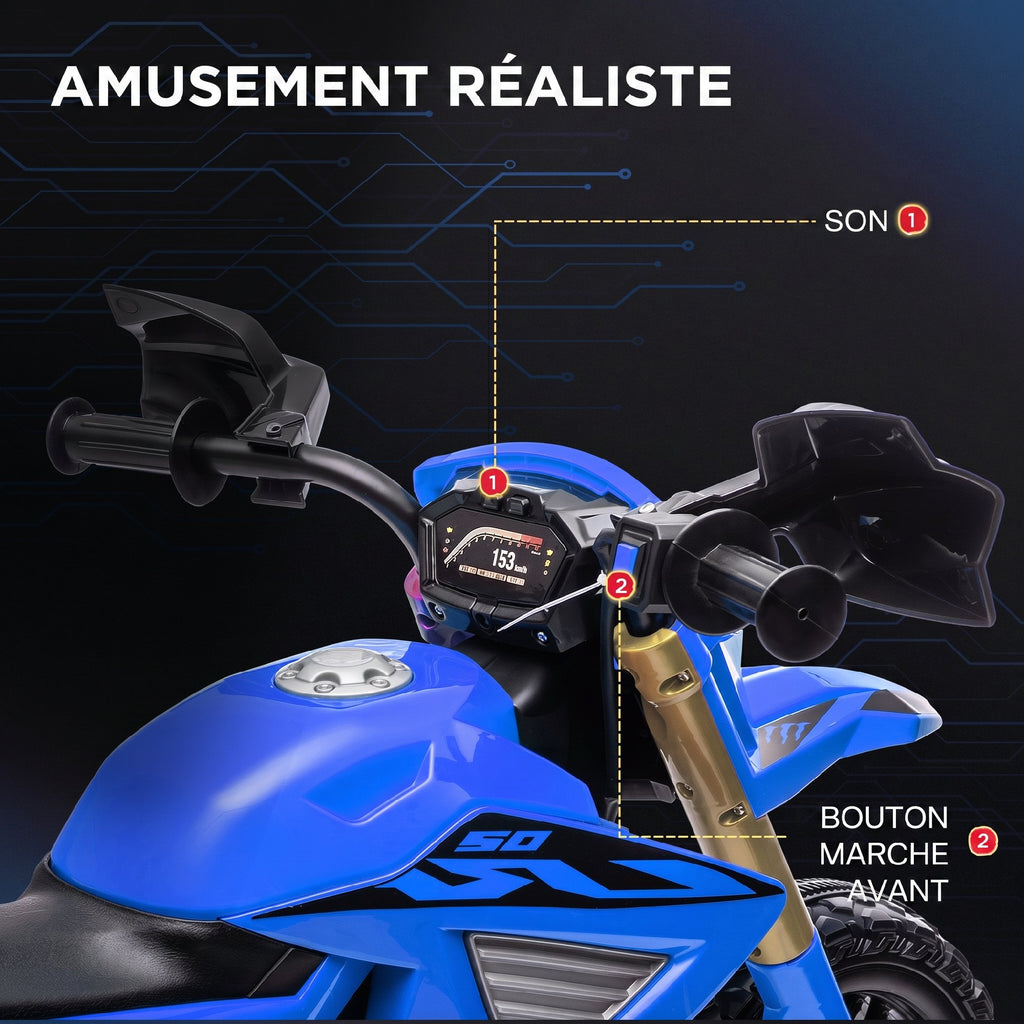 Moto cross électrique pour enfants 3-8 ans, batterie 6 V, 2 moteurs, klaxon et roues d'entraînement, charge 30KG, bleu