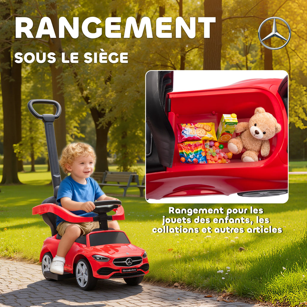 Porteur enfants Mercedes-Benz sous licence, porteur voiture à pousser avec poignée amovible, 91 x 40 x 83 cm, rouge