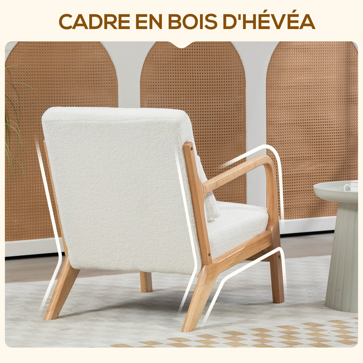 Fauteuil lounge - 3 coussins inclus - assise profonde - accoudoirs - structure bois hévéa - tissu bouclette crème