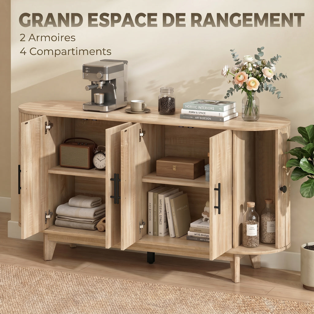 Buffet salon, meuble de rangement ovale avec 6 portes et 2 étagères réglables, 147x40x76cm, chêne-4