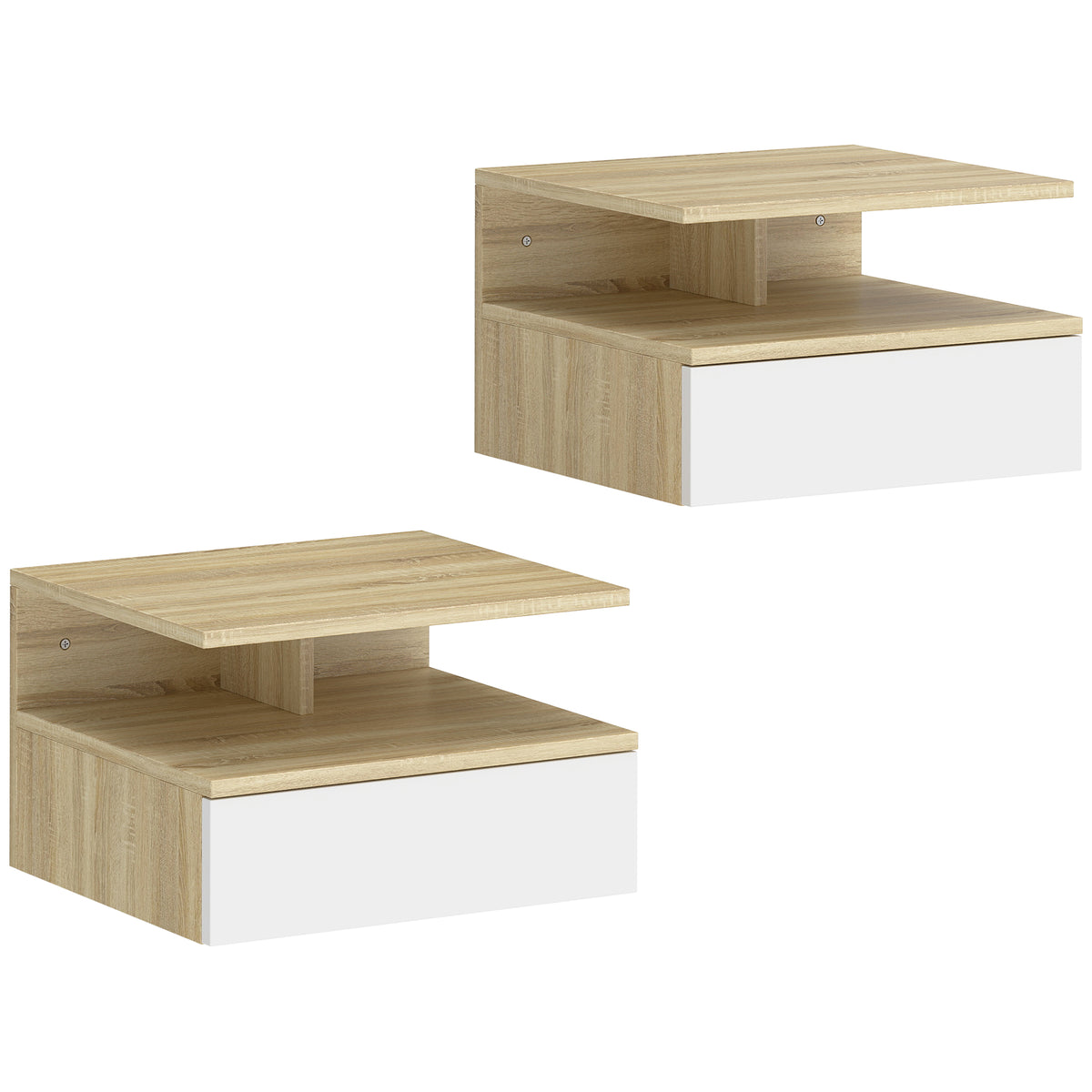 Lot de 2 tables de chevet murales, tables de nuit suspendues avec tiroir, étagère ouverte, 35x32x22,5cm, blanc et chêne-0