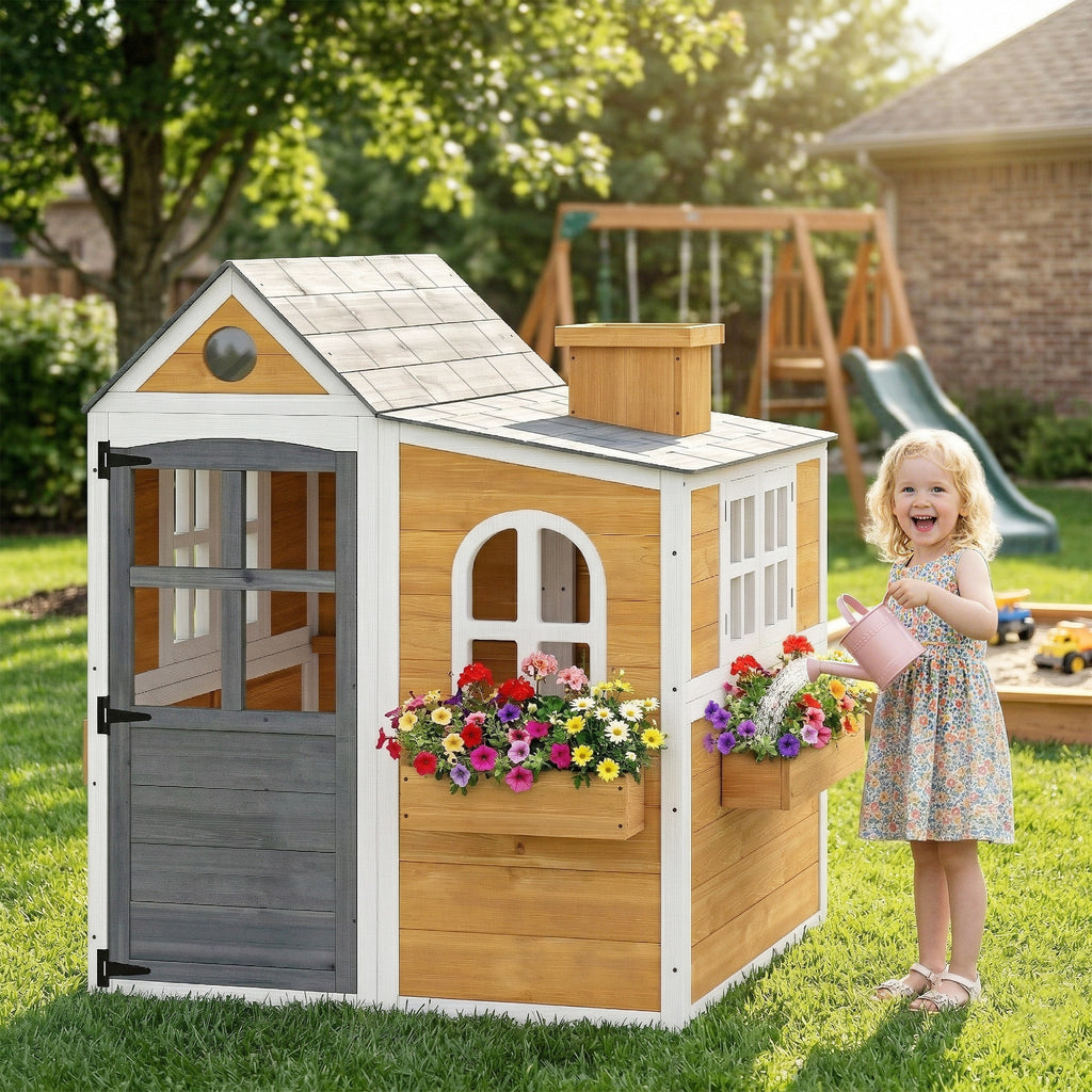 Cabane enfant extérieur en bois, maison enfant extérieure/intérieure avec porte, fenêtres, 3 bacs à fleurs, jaune