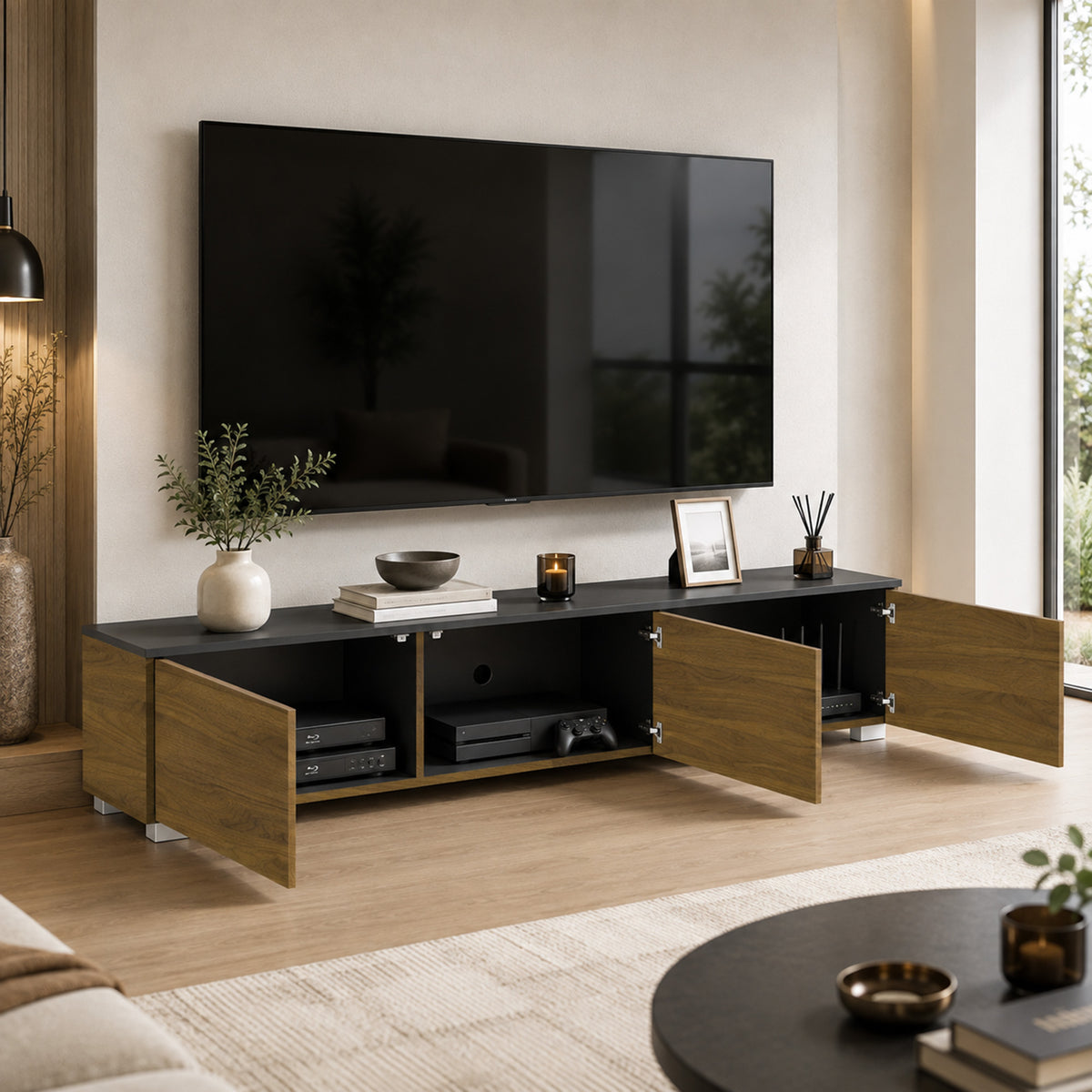 Meuble TV Suspendu ou sur Pied 160 cm pour Téléviseur 65 Pouces, Porte à fermeture, Passe-câbles, Noyer-7