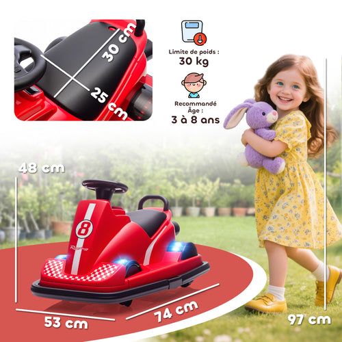 Auto-Tamponneuse Enfant 6V, Rotation à 360°, Musique, Klaxon, Démarrage Doux, 2,5 km/h, pour Âges 3-8, 74x53x48cm, Rouge