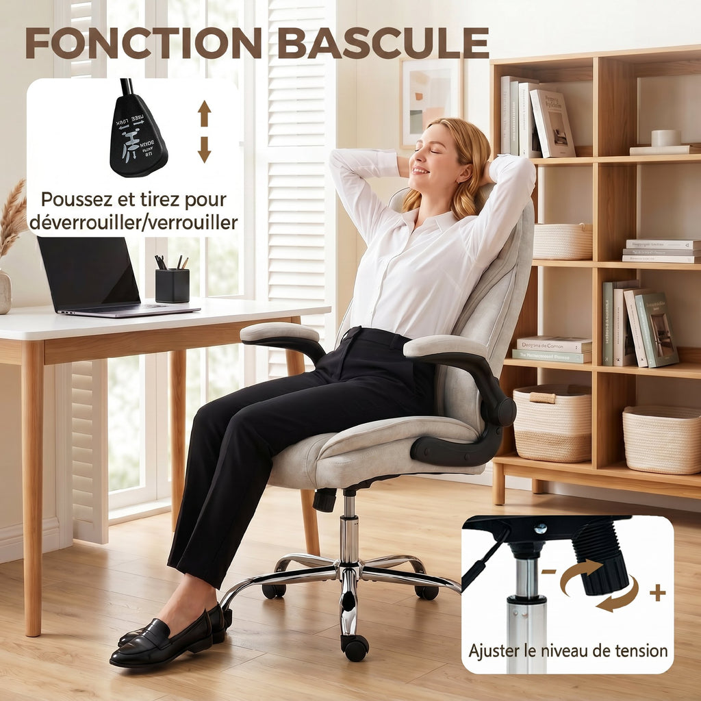 Fauteuil de bureau, chaise bureau ergonomique, hauteur réglable, accoudoirs relevables, 70 x 70 x 114-122 cm, beige-5