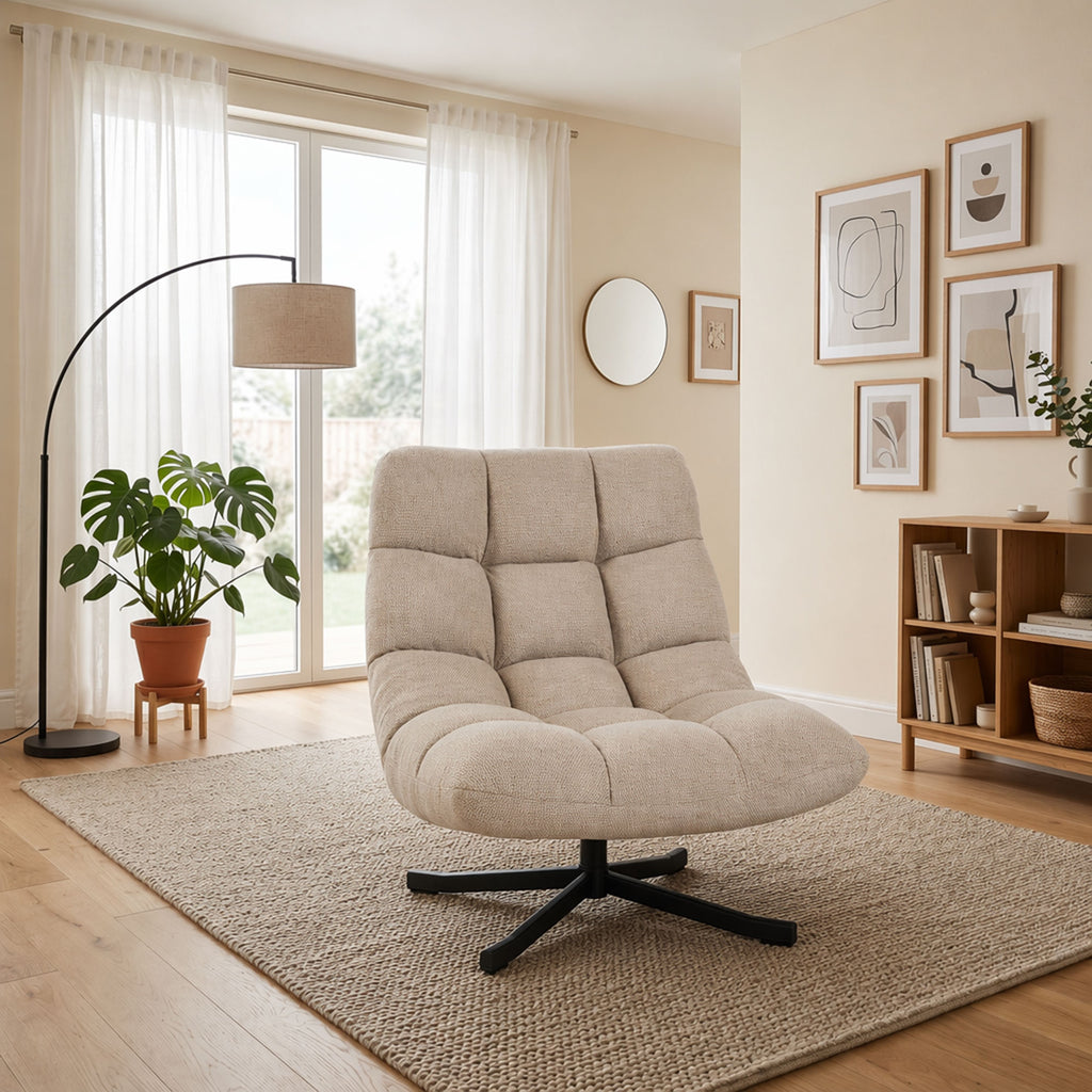 Fauteuil Salon sans Accoudoirs, Chaise Pivotante en Tissu Chenille, Assise Large, 75 x 95 x 90 cm, Crème-8