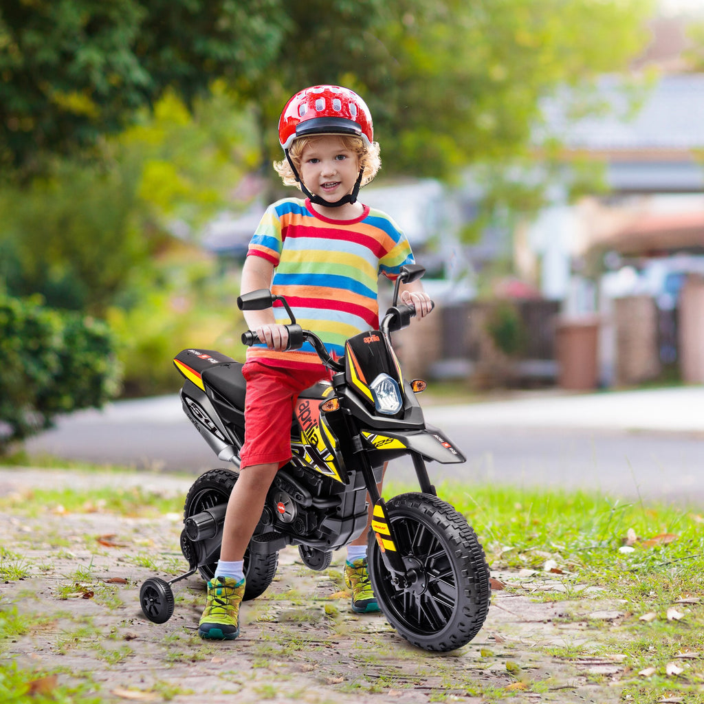 Moto électrique enfants sous licence Aprilia avec 2 moteurs 12V, roues d'entraînement, lumière LED, musique - jaune