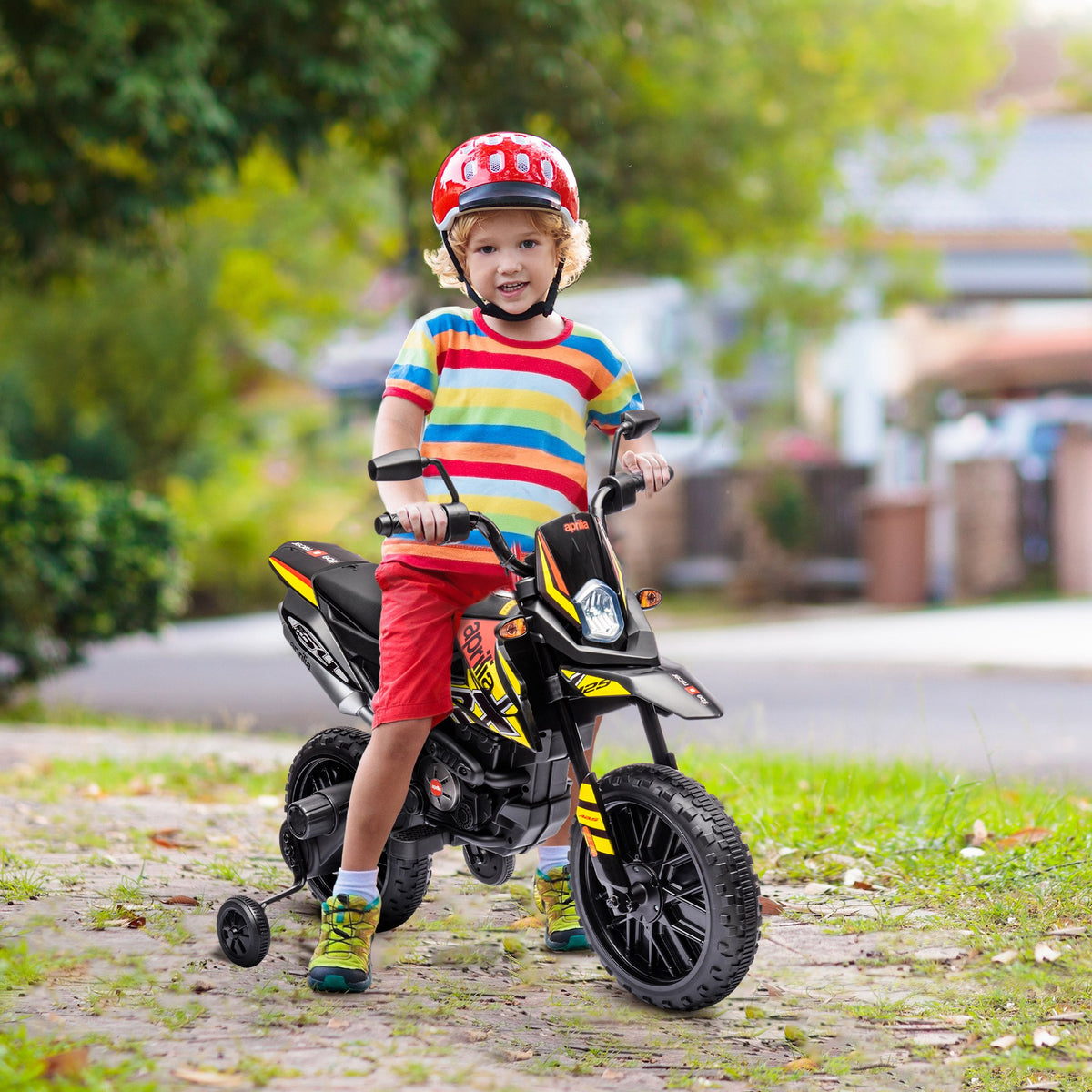 Moto électrique enfants sous licence Aprilia avec 2 moteurs 12V, roues d'entraînement, lumière LED, musique - jaune
