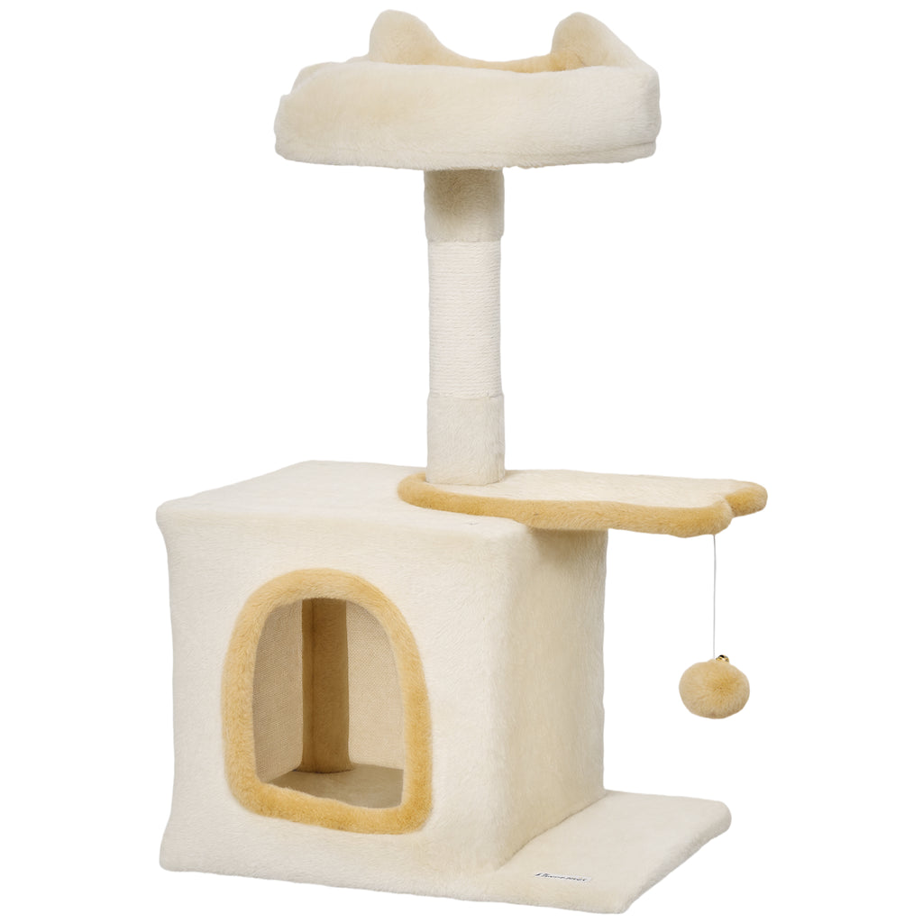 Arbre à Chat 72 cm, Perchoir Doux, Plateforme en Forme de Poisson, Niche en Peluche, Poteaux en Sisal, Balle, Beige-0