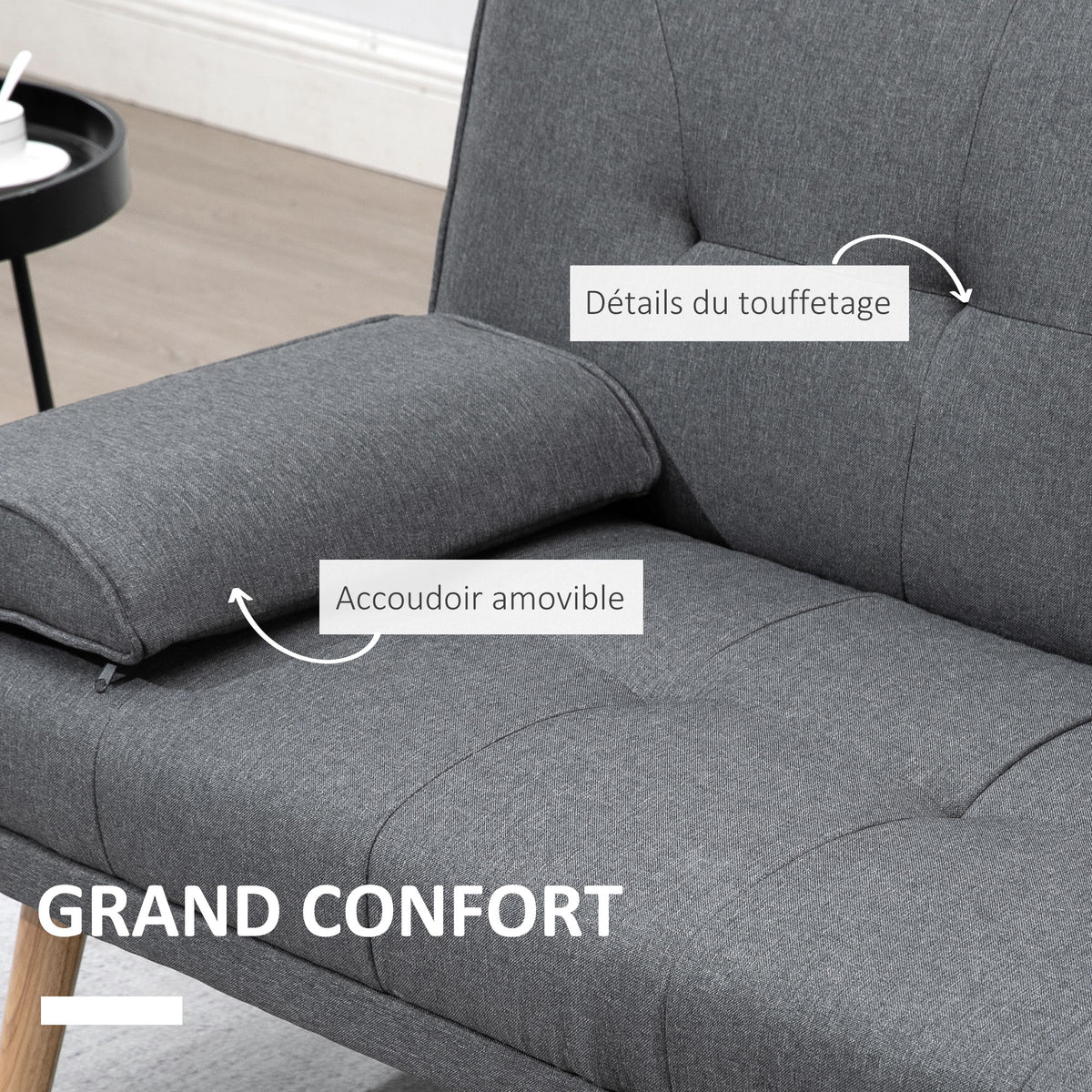 Canapé convertible 3 places, canapé-lit rembourré avec dossier réglable 3 niveaux, 2 coussins et 2 porte-gobelets intégrés, tissu de lin, pour salon, chambre d'amis, petit espace, gris foncé-5