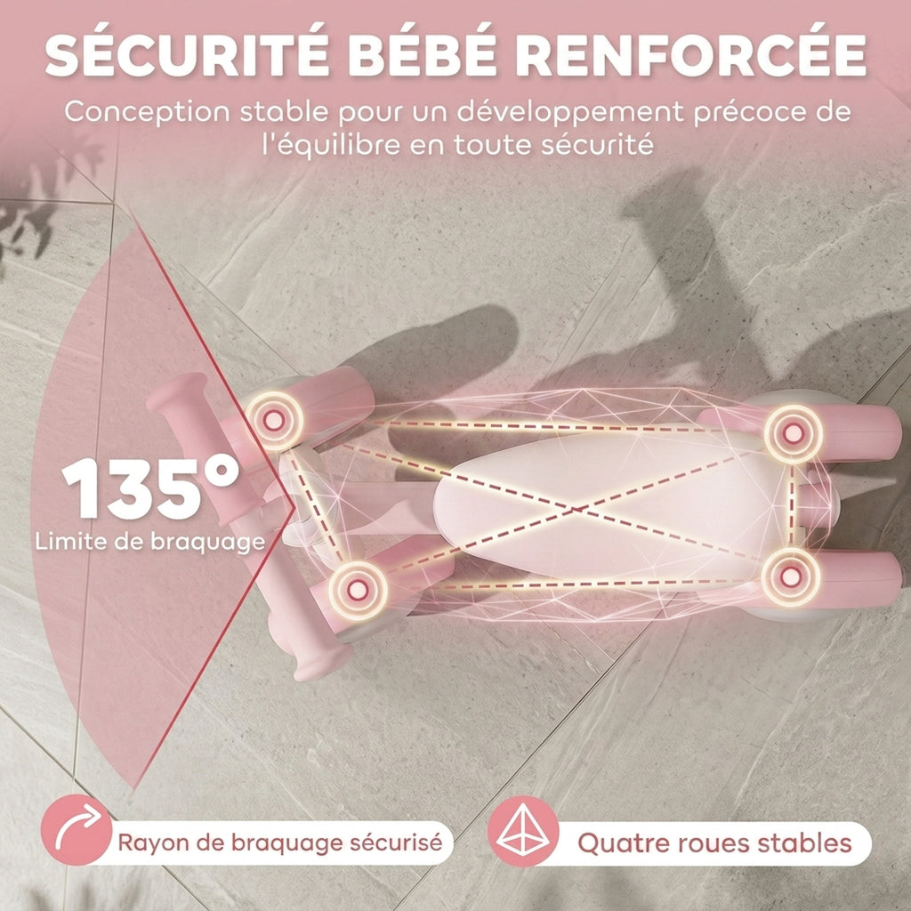 Draisienne Bébé 1-2 Ans, 4 Roues Lumineuses, Siège Réglable, Direction Limitée, Pneus EVA Silencieux, 52x22x37cm, Rose