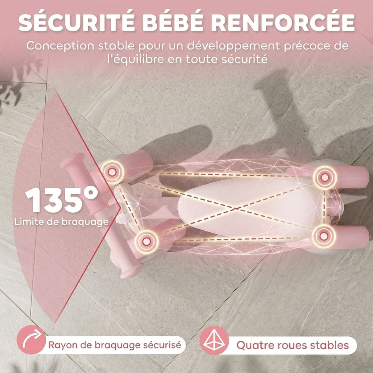 Draisienne Bébé 1-2 Ans, 4 Roues Lumineuses, Siège Réglable, Direction Limitée, Pneus EVA Silencieux, 52x22x37cm, Rose