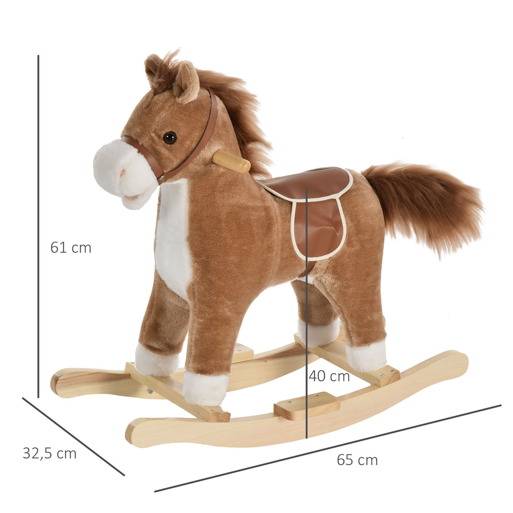 Cheval à Bascule Selle Grand Confort Peluche Courte Douce Bois peuplier Brun dim. 65L x 32,5l x 61H cm
