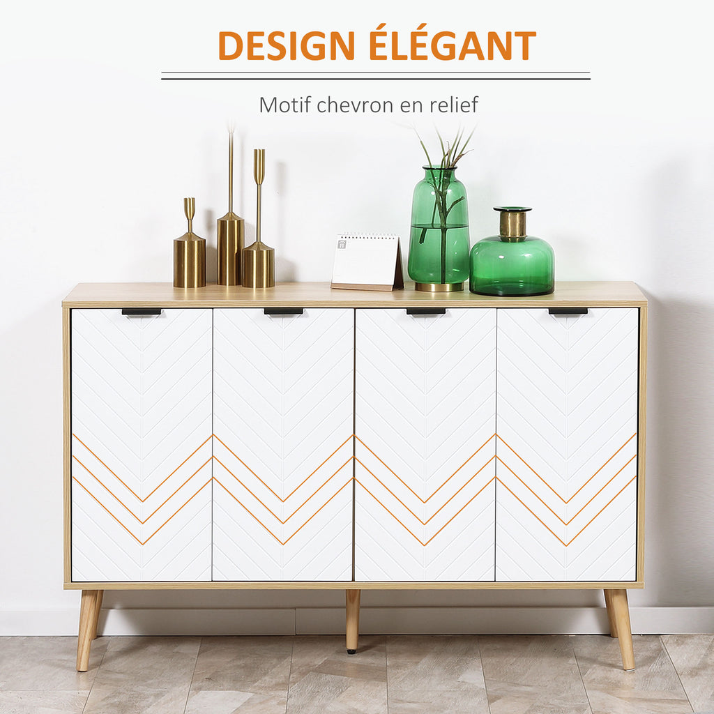 Buffet bas meuble de rangement 2 placards 4 portes motif chevrons étagères réglables 120 x 35 x 77,4 cm blanc-4
