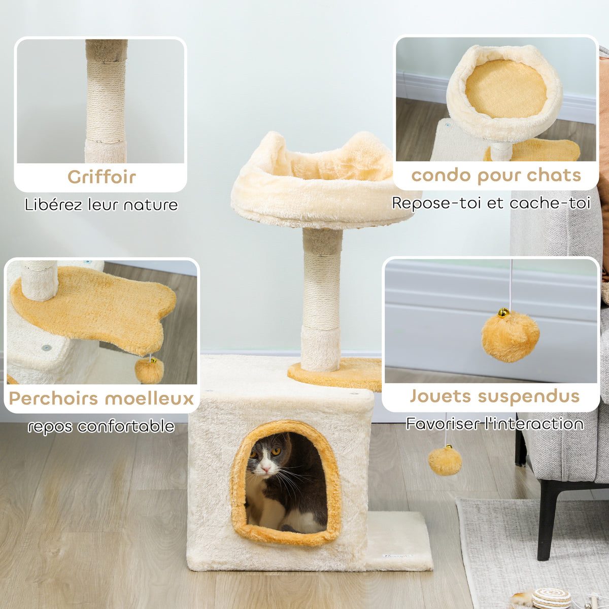 Arbre à Chat 72 cm, Perchoir Doux, Plateforme en Forme de Poisson, Niche en Peluche, Poteaux en Sisal, Balle, Beige-4
