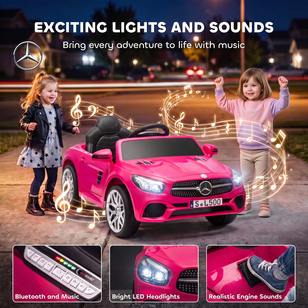 Voiture Électrique Enfants 12V Mercedes-Benz SL500, 3-5 km/h, 2 Moteurs, Télécommande 2,4G, pour 3-5 Ans, Rose