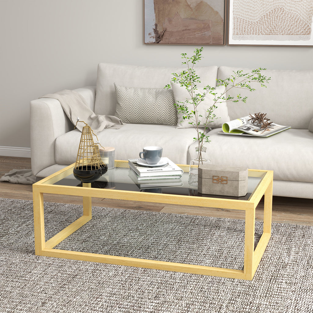 Table basse rectangulaire table de salon avec plateau en verre trempé cadre en bois d'hévéa dim. 100L x 60l x 35H cm-1