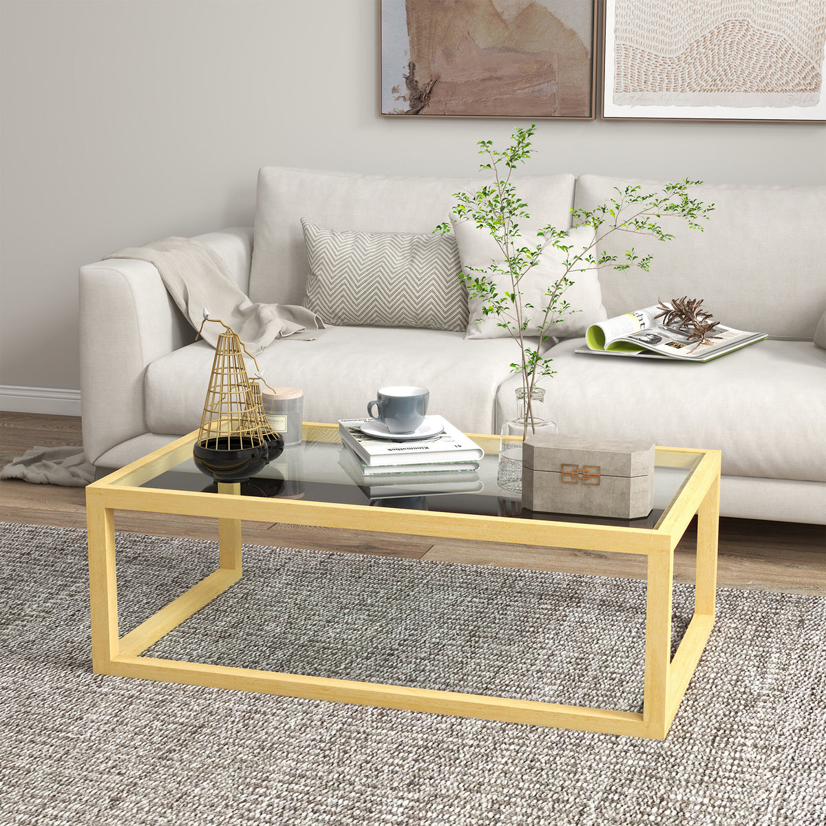Table basse rectangulaire table de salon avec plateau en verre trempé cadre en bois d'hévéa dim. 100L x 60l x 35H cm-1