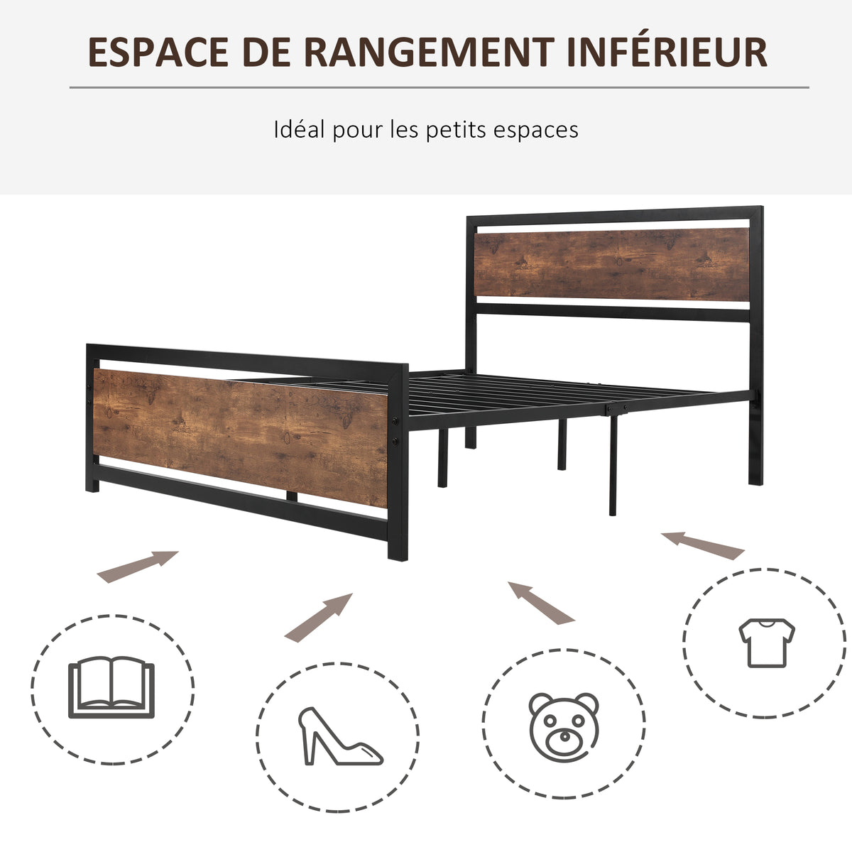 Cadre de lit double en acier avec sommier et tête de lit compatible matelas 190 x 140 cm aspect bois foncé-4