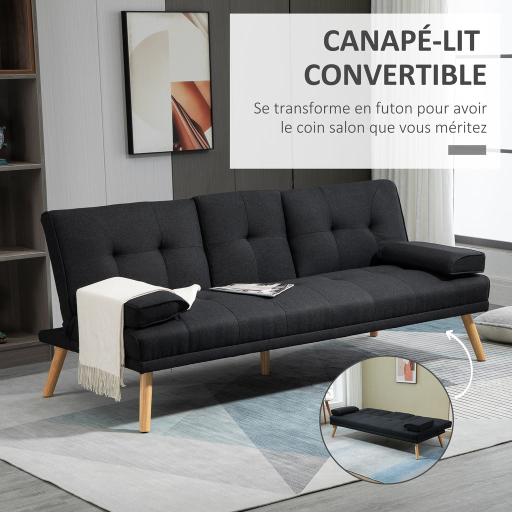 Canapé convertible 3 places, canapé-lit rembourré avec dossier réglable 3 niveaux, 2 coussins et 2 porte-gobelets intégrés, tissu de lin, pour salon, chambre d'amis, petit espace, gris-3
